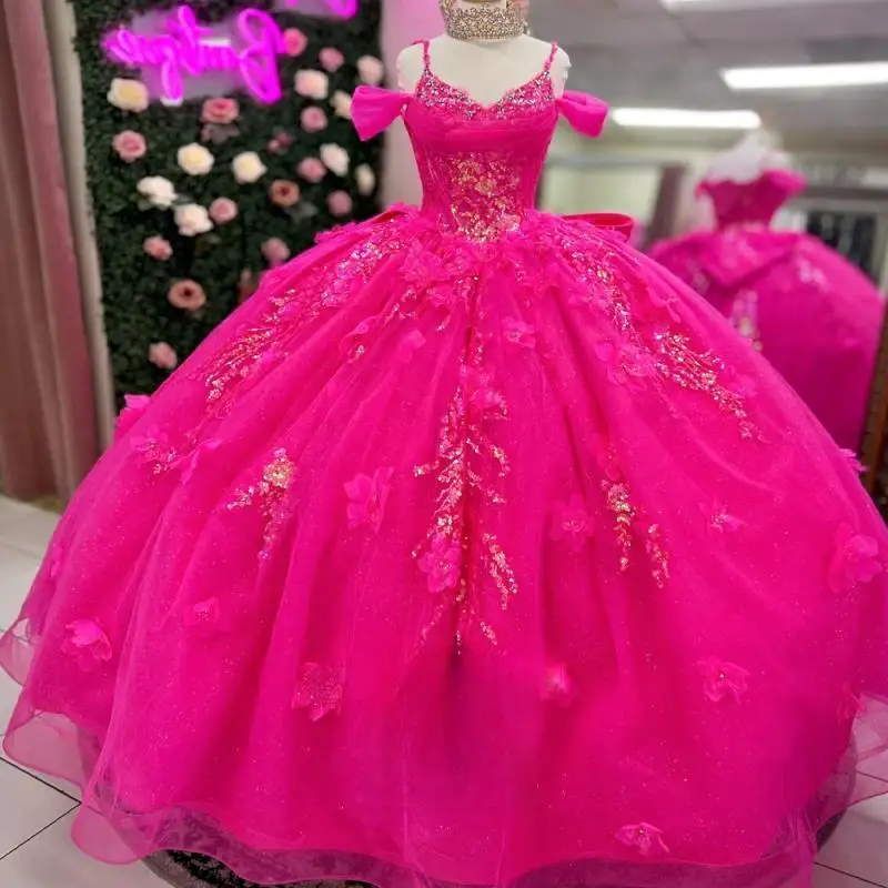 Aangepaste Rose Red Bling Strik Quinceanera Jurken Bloem Applicaties Spaghettibandjes Uit de Schouder 15 Anos Vestido