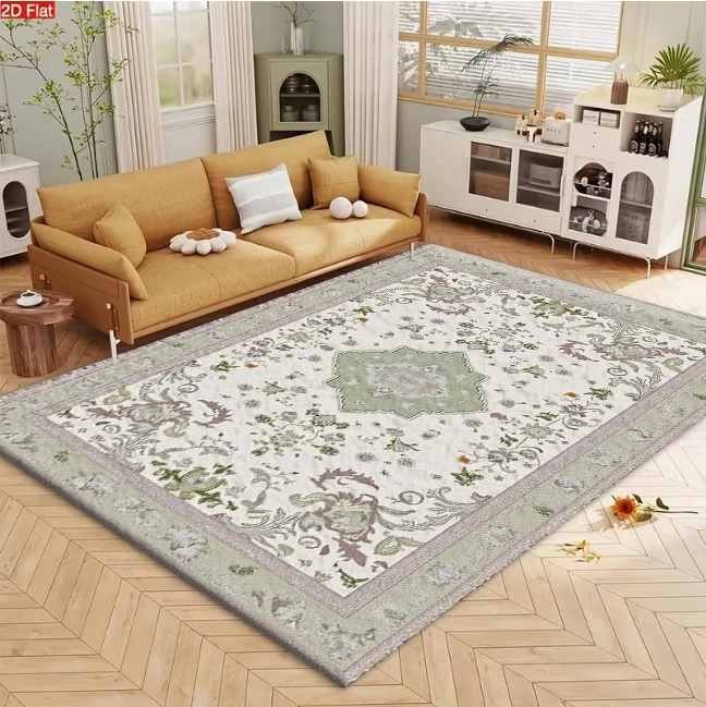 Light Green Vintage Medallion Carpet Flooring, Classic Oriental Floral Non-Slip Floor Rug for Living Room Bedroom Home Decoration