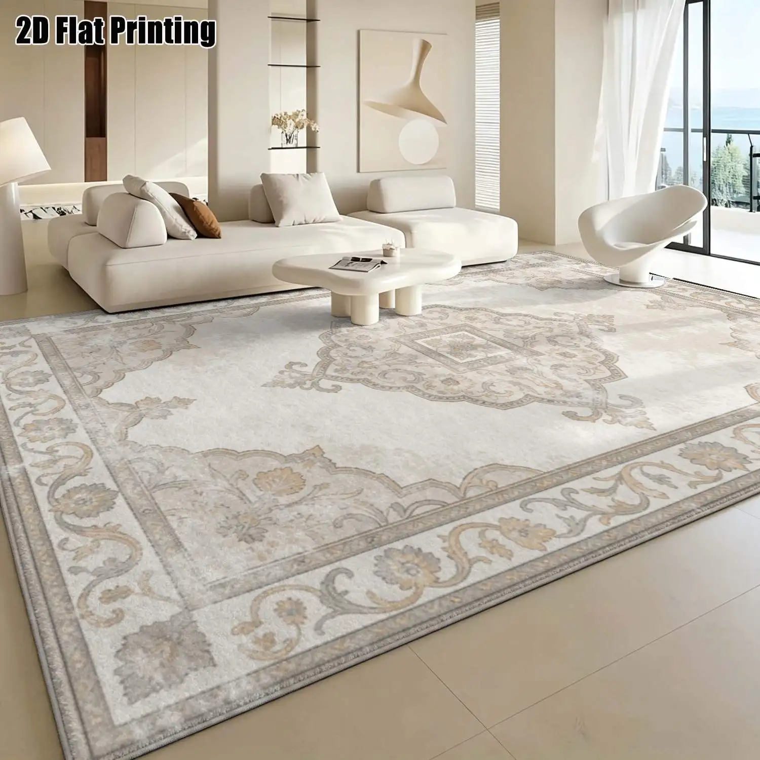 1Pc 2D Printed Beige Retro Floral European Carpet, Multi-Size Machine Washable Floor Mat for Entrance, Living Room, Bedroom, Dining Room & Foyer, Home Decoration
