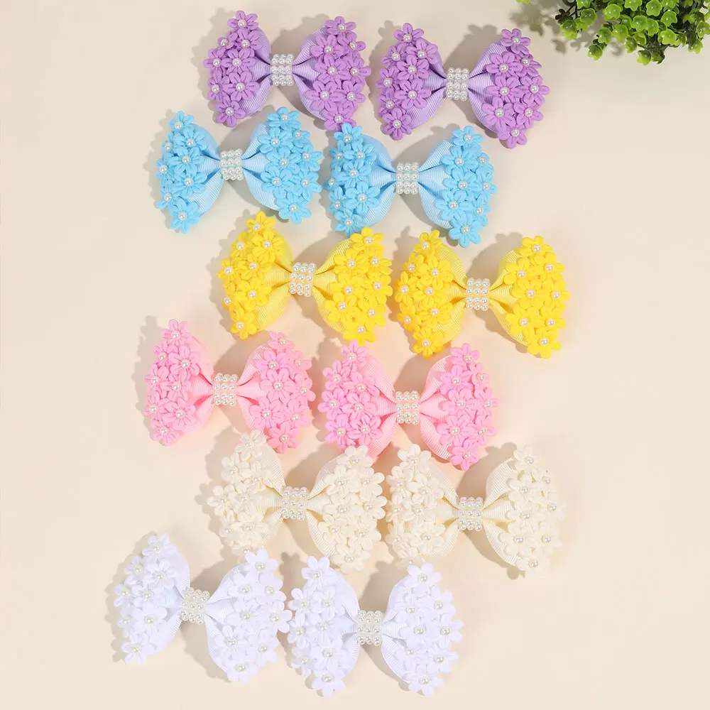 2PCS Sweet Floral Bow Hairpins Ribbon Flower Hairclips For Little Girls Sweet Pearl Barrette New Headwear Kids Hair Accessories