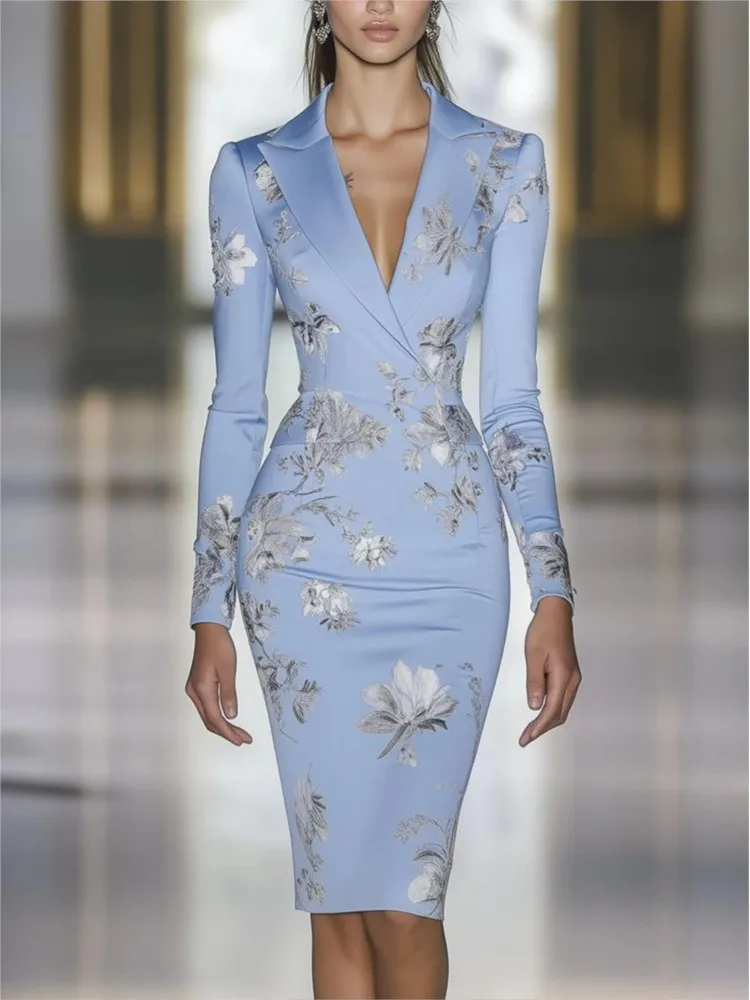 

Woman New Floral Print Package Hip Midi Dresses Spring Elegant Bodycon Evening Dress Autumn Long Sleeve Turn-down Collar Dresses