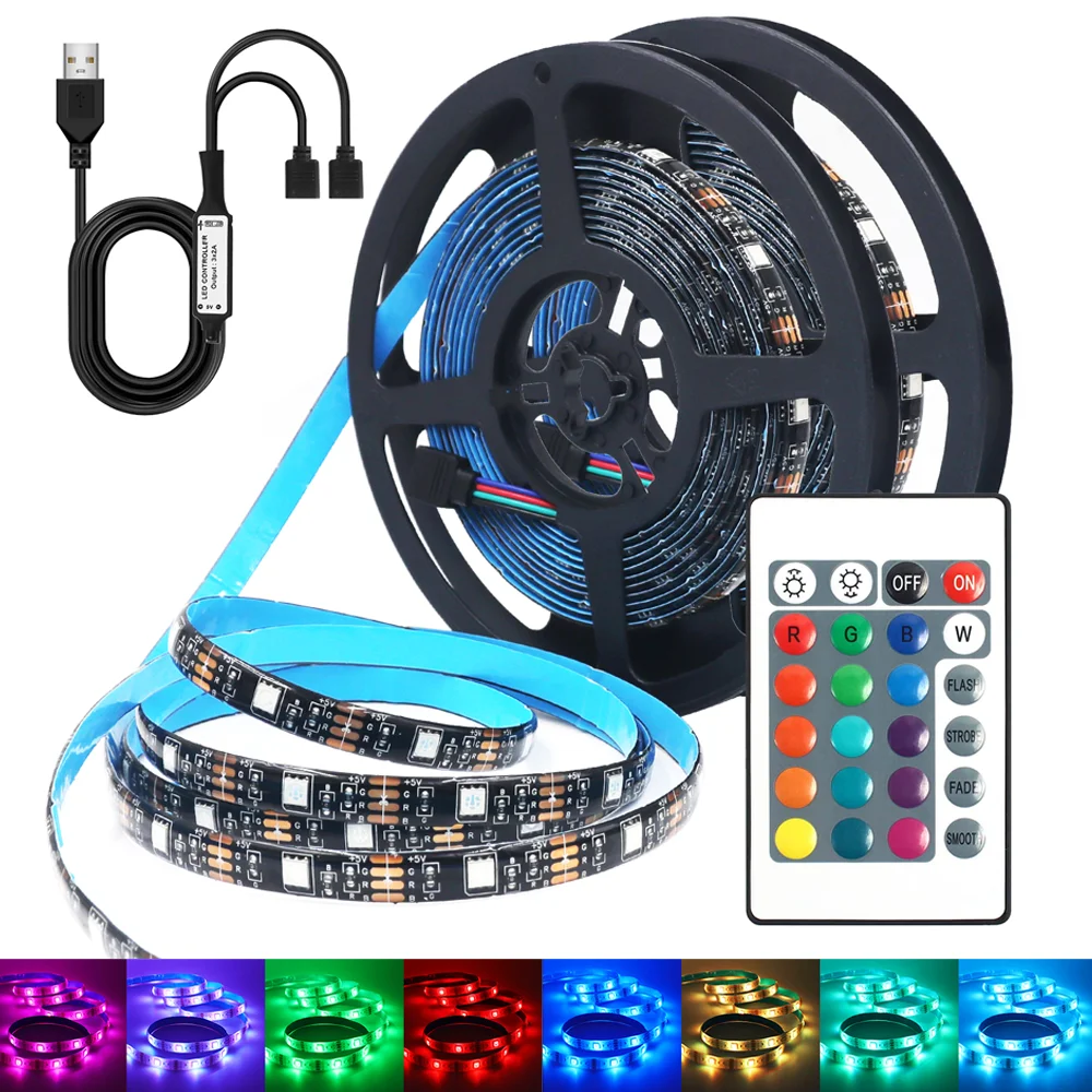 تيار مستمر 5 فولت 5050 RGB قطاع مصباح ليد 24 مفتاح التحكم عن بعد شريط مرن الشريط شرائط ليد داخلي غرفة نوم ديكور الحفلات إضاءة خلفية للتلفاز