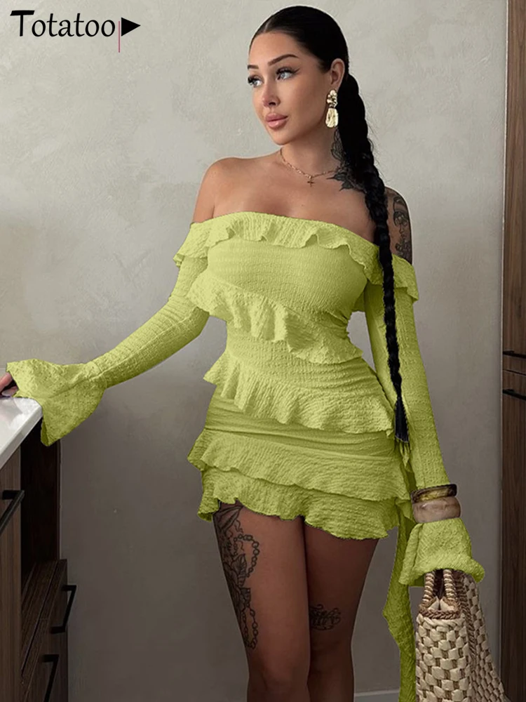 Totatoop Off Shoulder Flare Long Sleeve Ruffles Dress For Women 2024 Summer Autumn Sheer Bandage Mini Dress Elegant Robe