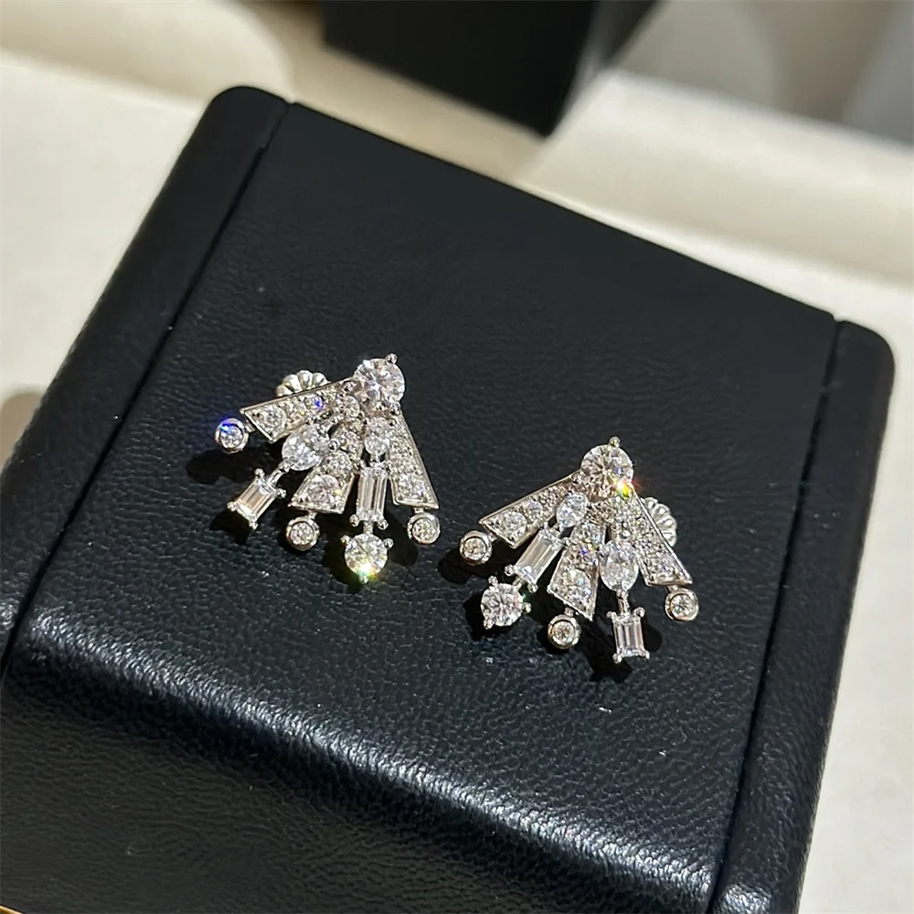 Fireworks Fan-Shaped Full Diamond Earrings Shaped Diamonds Light Luxury High-End European And American Style 2024 New Earrings