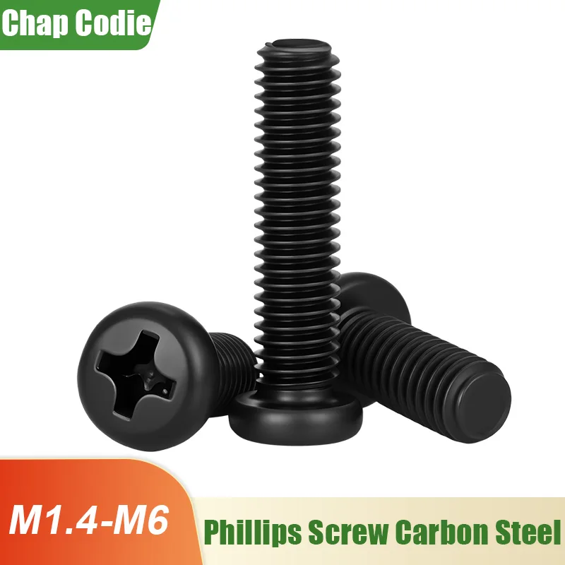 Черные винты Phillips с полукруглой головкой M1.4, M1.6, M2, M2.5, M3, M3.5, M4, M5, M6 из углеродистой стали, метрическая резьба, металлические машинные болты, маленькие винты для часов