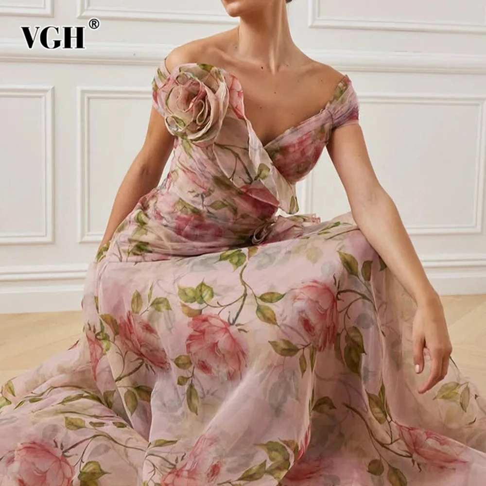

VGH Sweet Slimming Printing Long Dresses For Women Slash Neck Off The Shoulder Sleeve High Waist Spliced Appliques Dress Female