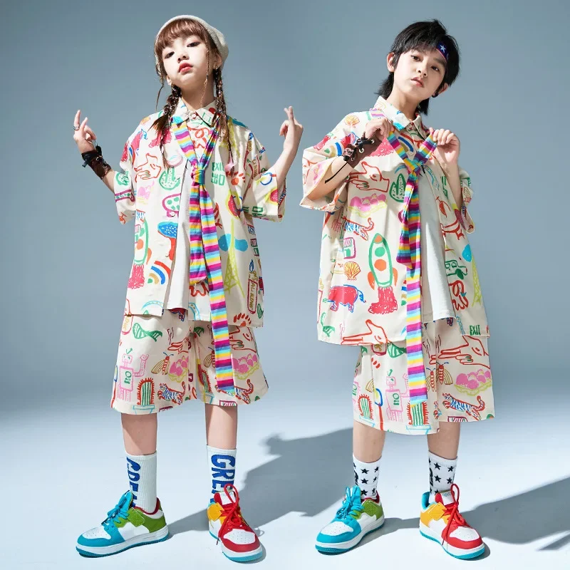 

Girls Short Hip Hop Set Geometric Animal Print Top Short Pant Rainbow Scarf for Boys Kids Jazz Clothes Street Dance Costume