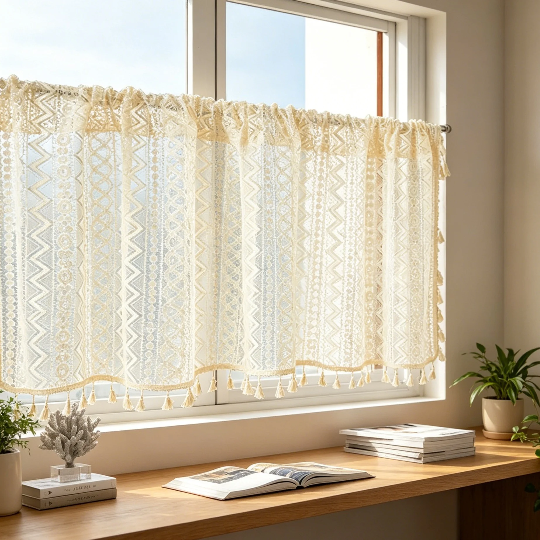1 Piece American Country Style Lace Cafe Curtains, Short Sheer Tier Curtains for Kitchen Window & Door Partition