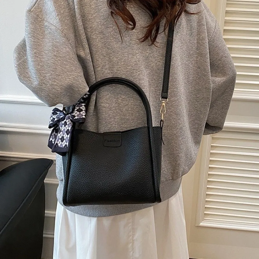 

Elegant Minimalist Pu Leather Bucket Bag Versatile Solid Color Crossbody Bag Korean Style with Ribbon Women 's Handbag Outdoor