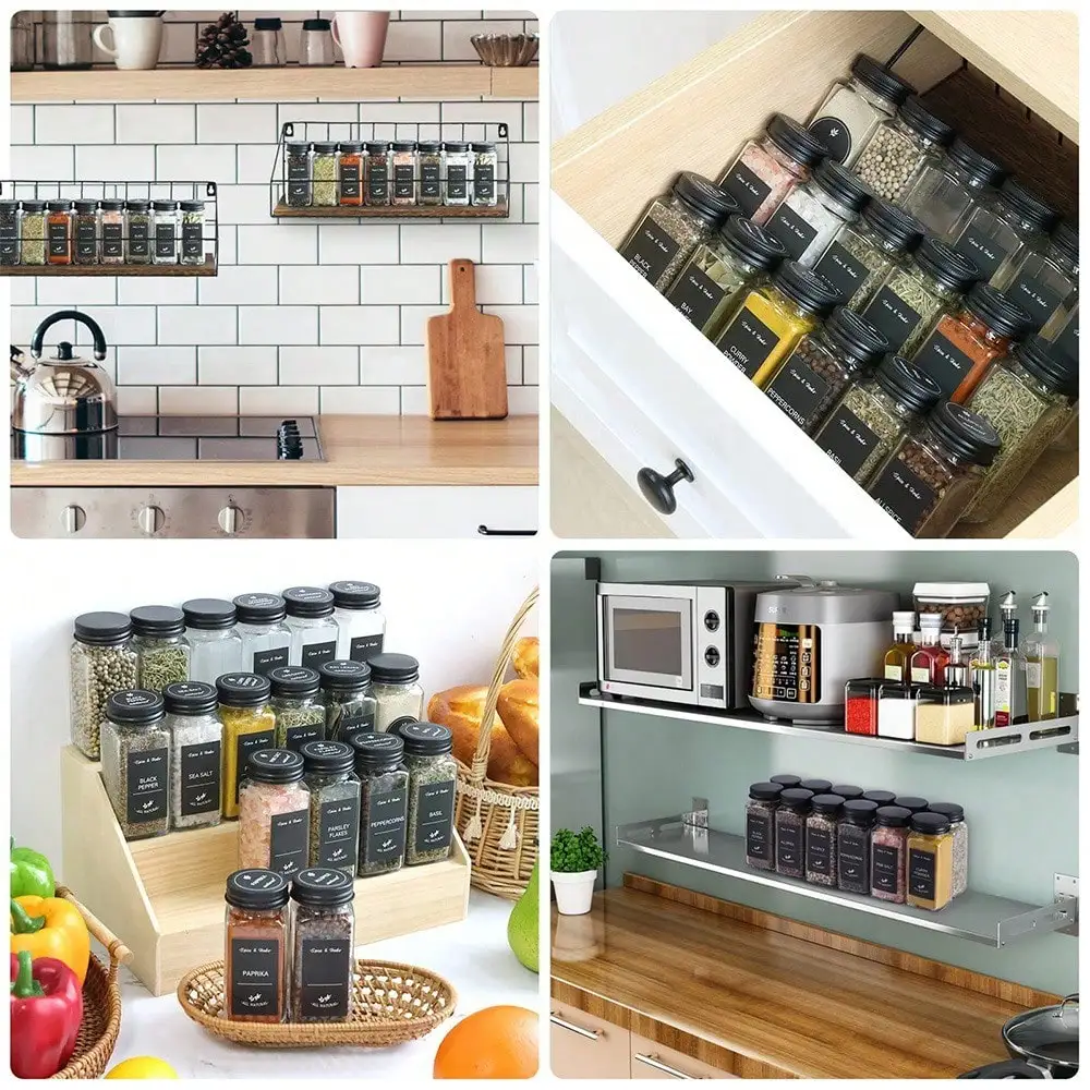 12 قطعة برطمانات توابل زجاجية سعة 4 أونصة مع أغطية/قمع سوداء - أغطية وملصقات شاكر، منظمة مخزن المطبخ