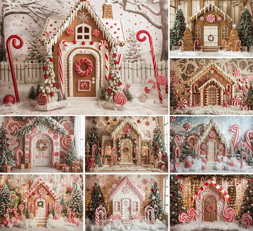 Mehofond-Fondo de Fotografía de Casa de pan de jengibre, bastón de caramelo, decoración de retrato familiar para niños, estudio fotográfico, invierno, navidad