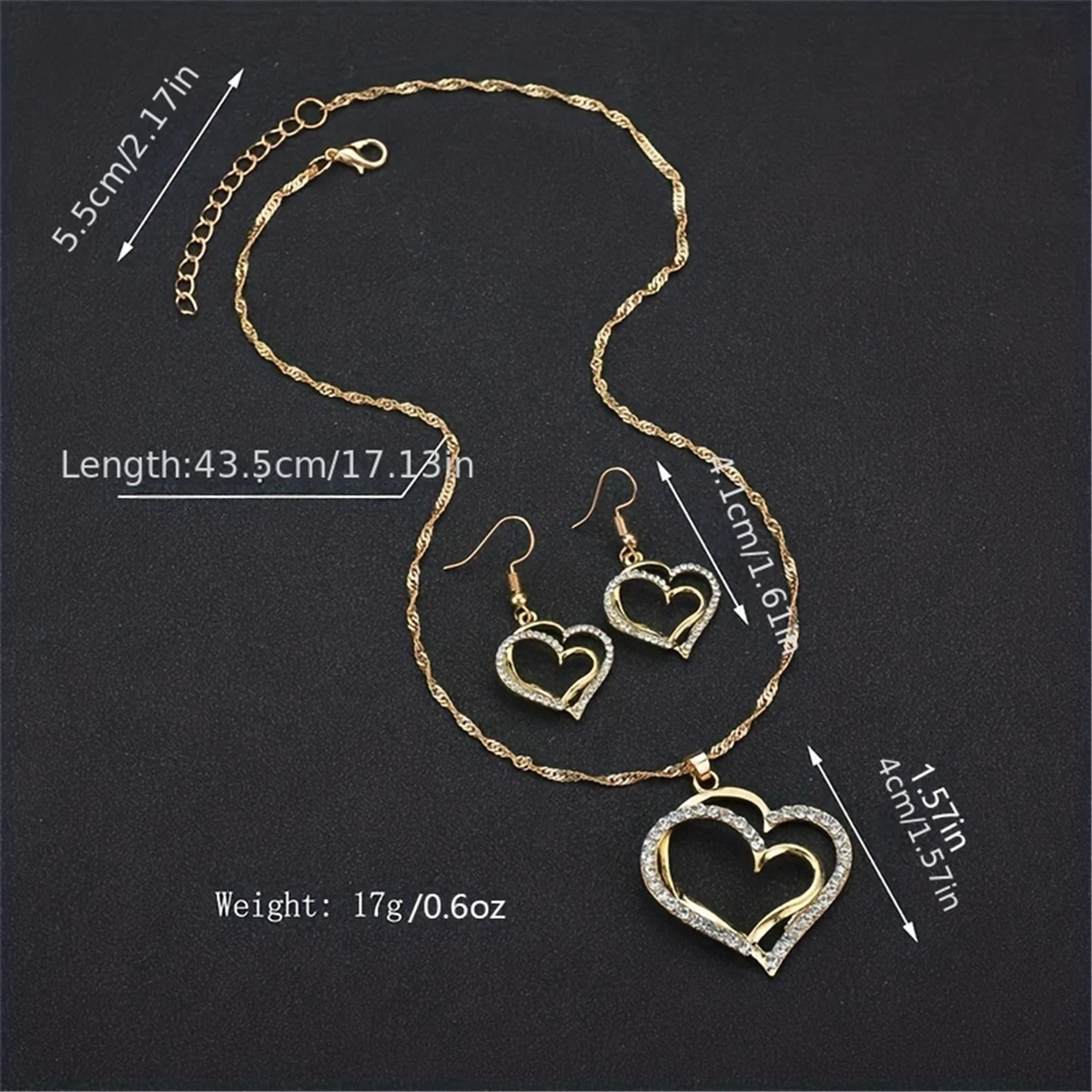 3Pcs Double Hollow Love Heart Jewelry Set With Pendant Necklace & Drop Earrings Inlaid Shiny Zircon Vintage Style Jewelry Set