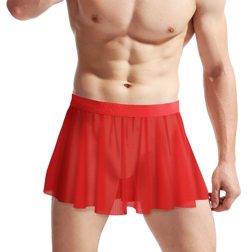 Sexy Sissy Malha dos homens saia plissada, renda de cintura baixa, crossdressing curto, shorts masculinos transparentes