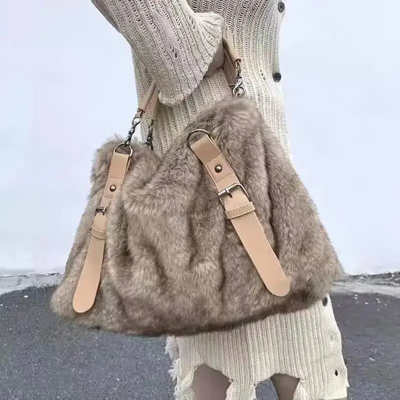 

Bloom Plush Large Capacity Tote Women Vintage Autumn Winter Fur Soft Khaki Handbag Female Retro Casual Messenger Bag Y2k