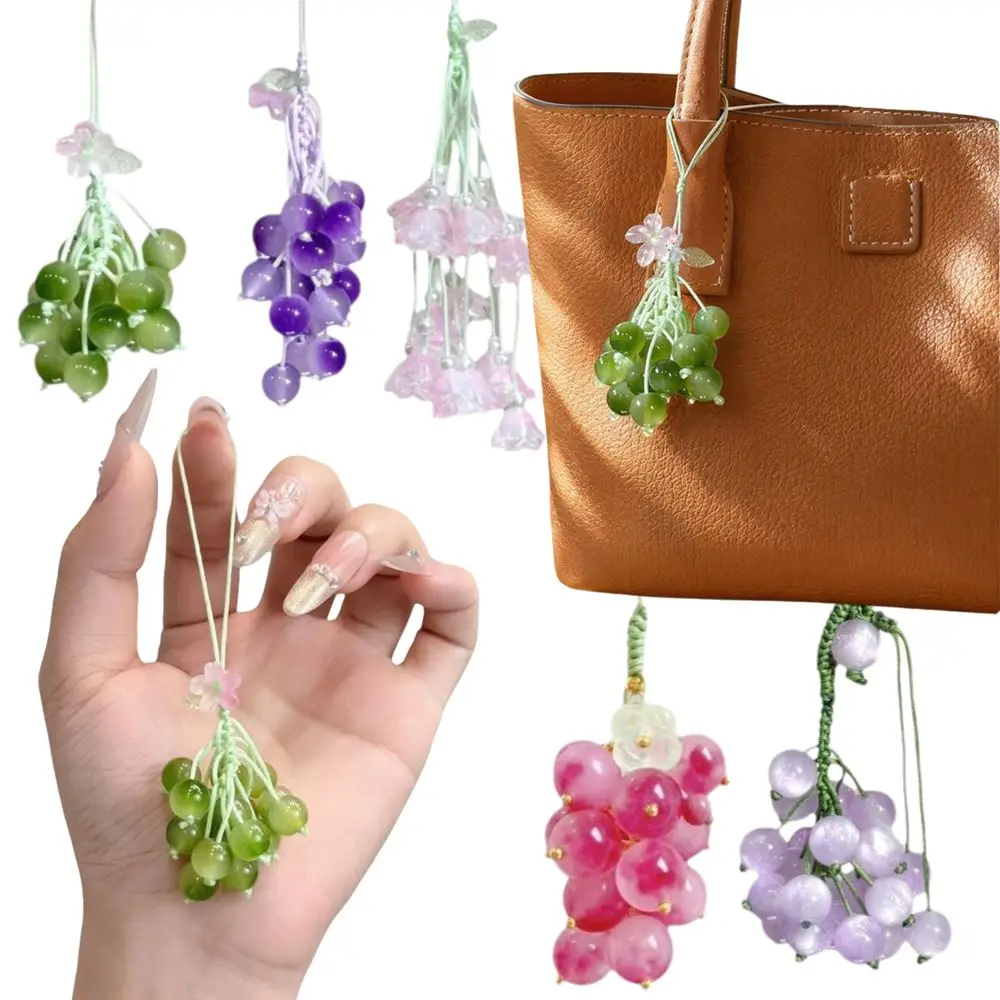 Elegant Grape Cluster Pendant Green Purple Crystal Grape Phone Chain Polyester Flower Gradient Beads Woven Pendant Girls
