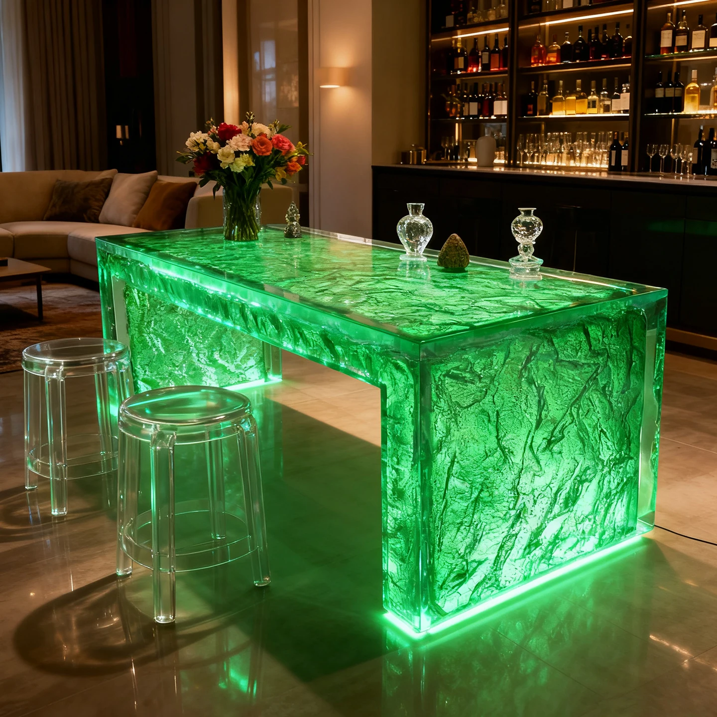 *Sleek Luxury Nighttime Glowing Focal Point Transparent Resin Dining Table with Contemporary Design for Hotels Offices & Villas