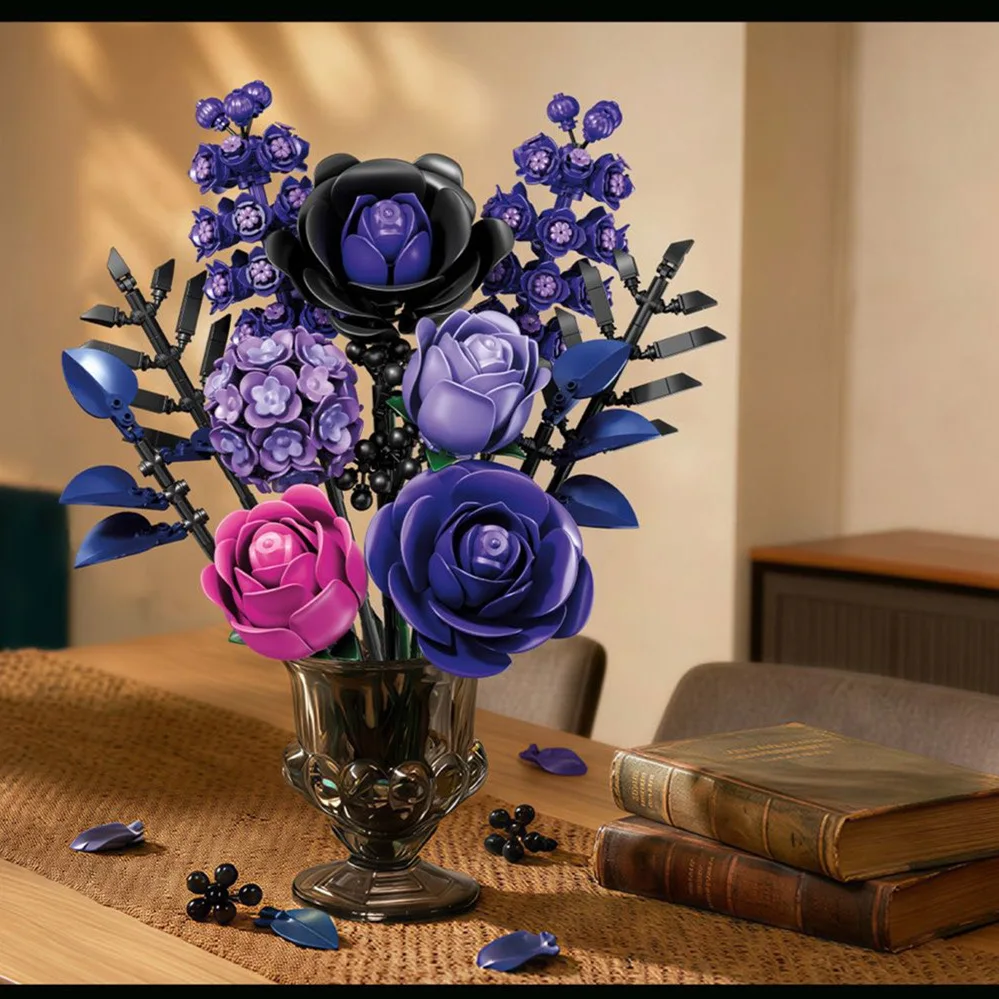 Purple Bouquet Building Blocks Toy Bonsai Blocks Red Flowers Blossoms Plants Bricks Toys for Boys Adult Christmas Gifts