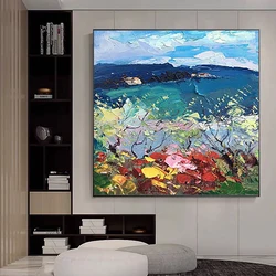 거실용 캔버스에 수제 유화, 현대 벽 예술, 실내 장식 그림, 추상 풍경 꽃