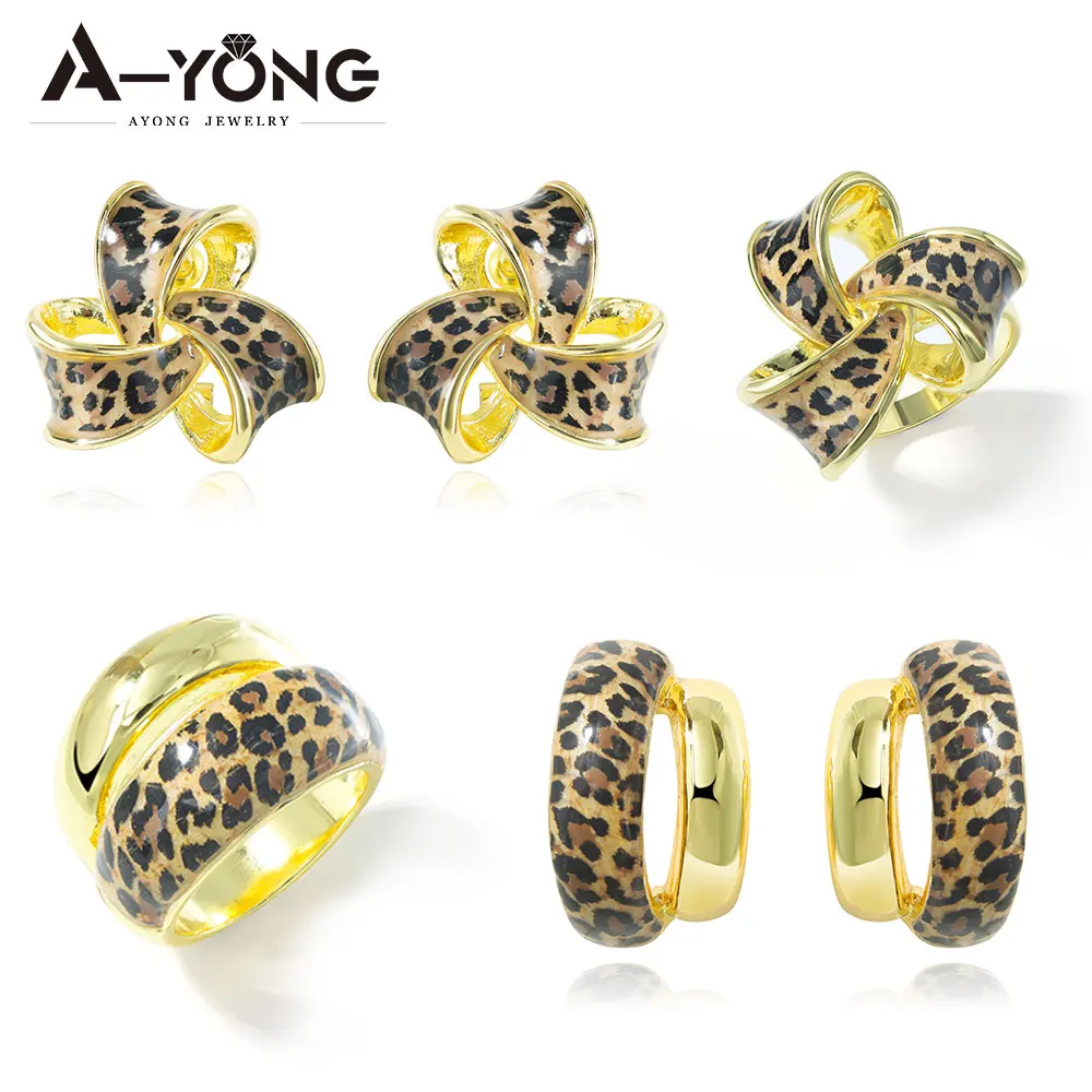 

Итальянский модный комплект украшений с леопардовым принтом, 14-каратное золото, высококачественные изысканные массивные серьги и кольца, женские украшения в винтажном стиле.