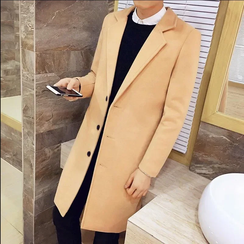 2023 الربيع والخريف معطف طويل القطن جديد مزيج الصوف لون نقي عادية الأعمال موضة ملابس للرجال ضئيلة سترة واقية سترة #4