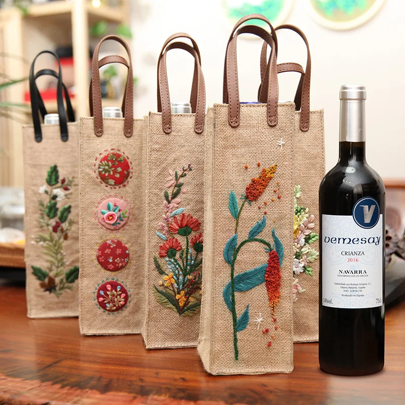 Embroidery Red Wine Tote Bags  with Handles， Champagne Storage Bag，Perfect Wine Lover's or Wedding Gift-Wide Srtipe