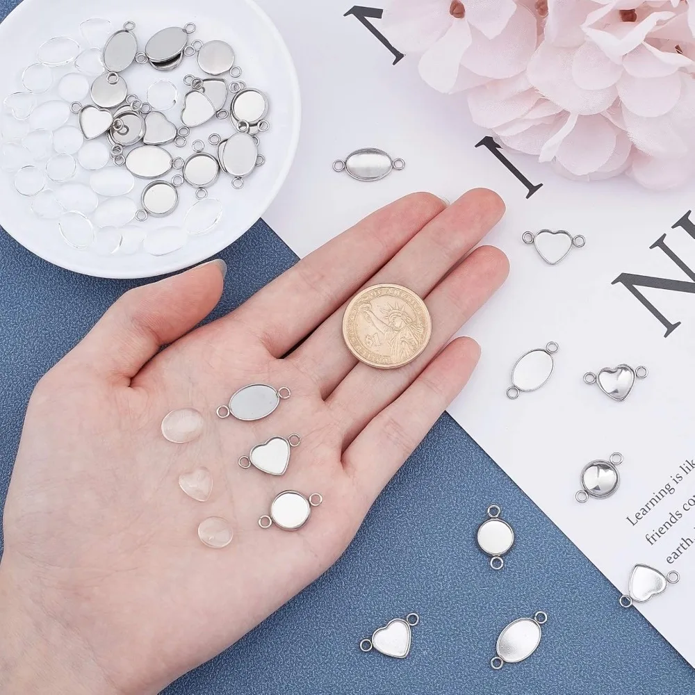 30 مجموعات البيضاوي/مسطحة مستديرة/القلب الحافة قلادة فارغة الفولاذ المقاوم للصدأ وصلات فارغة مع كبوشن كابوشون موصل إعداد قلادة