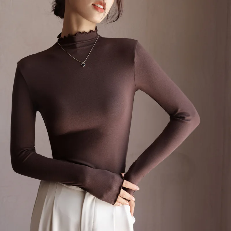 Wave Like Edge Semi High Neck Base Shirt for Women Autumn and Winter Inner Wear Long Sleeved Top