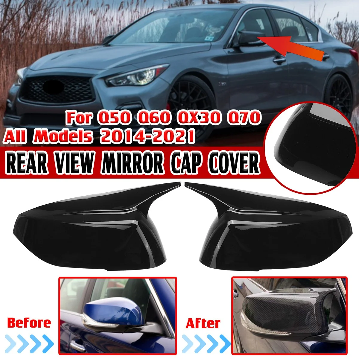 Glossy Black Horn Style Side Door Rearview Mirror Cover Trim Shells Cap for Infiniti Q50 Q60 2015-2023 M3 Style