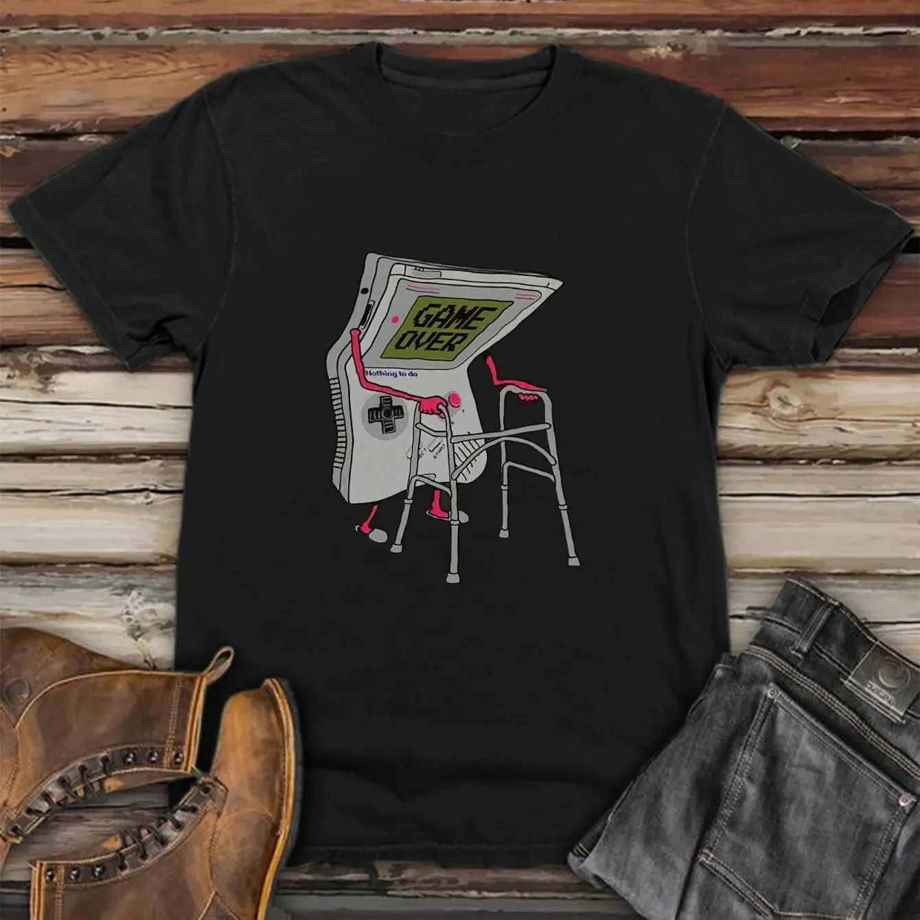 Men's Y2K Retro Gaming T-Shirt Black Gamer Tee with Vintage Game Over Graphic Crew Neck Shirt for Casual Arcade Parties