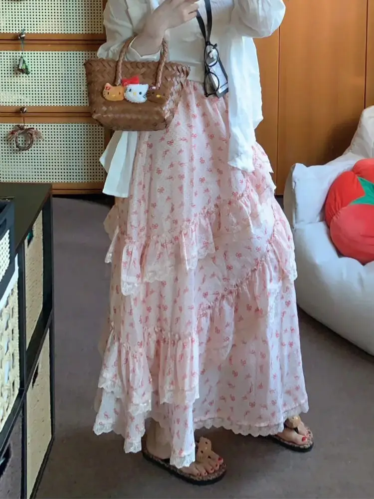 

Dopamine Pink Bow Print Summer Skirt Sweet Girl Elegant High-waisted Panels Design Cake Maxi Skirt Korea Chic Casual Outfits New