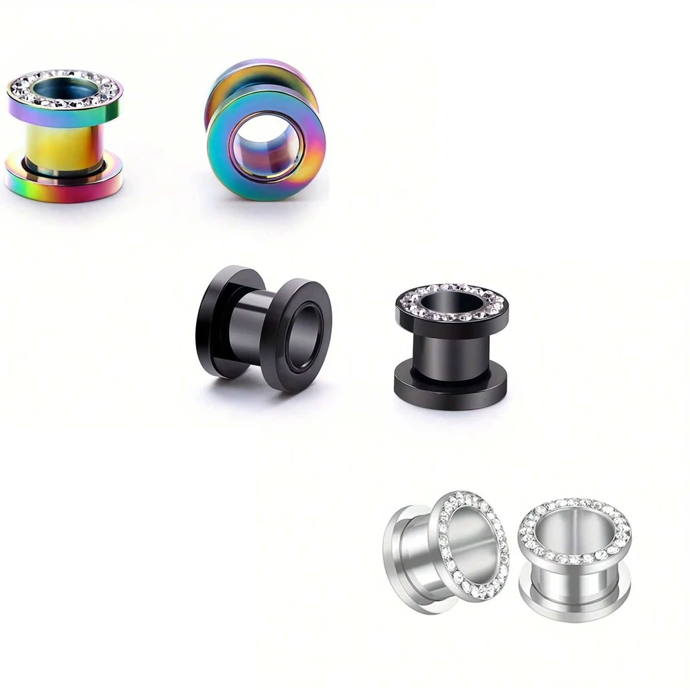 1Pair Stainless Steel Ear Plugs, Rhinestone Ear Expander, Ear Tunnels Plug Screw Body Piercing Jewelry For Women Men 4-16mm