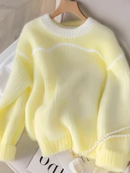 Zoki Fashion Yellow Sweet Sweaters Women Casual Loose Elegant Knitted Jumpers Korean Long Sleeve O Neck Patchwork Pullovers New