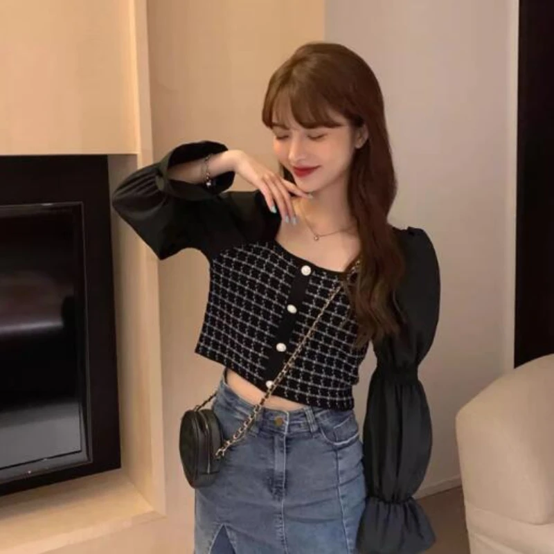 Square Collar Shirts Women Patchwork Elegant Sweet S-5XL Korean Style Tops Daily Fashion Temperament Cropped Advanced Slim Chic