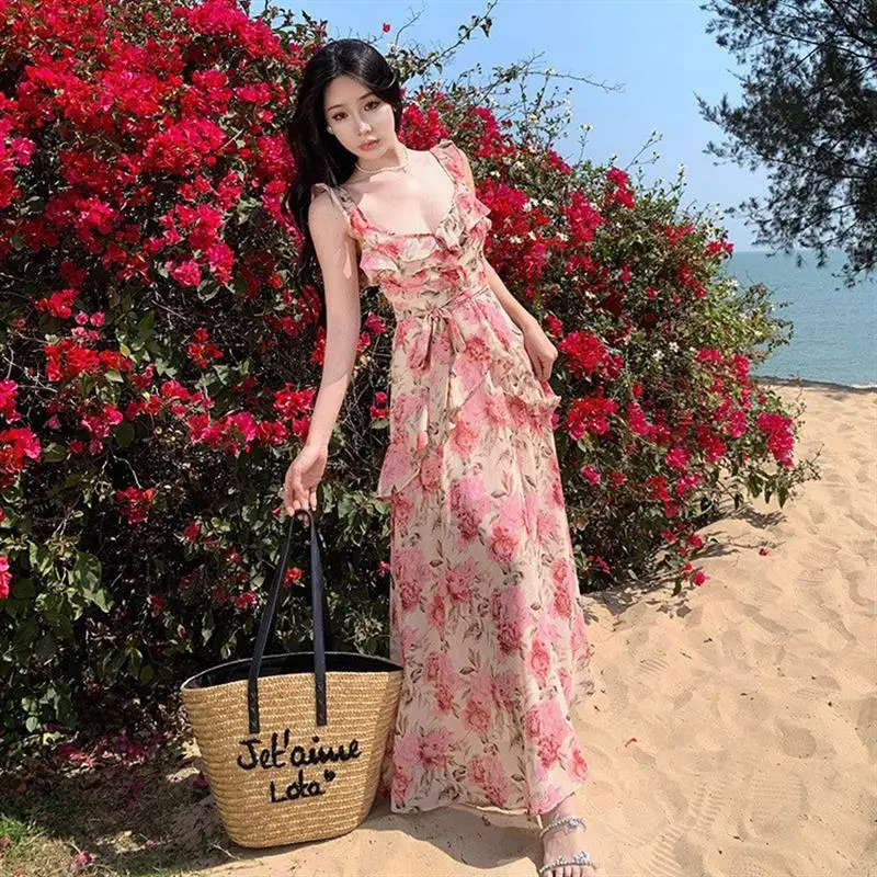 

Vacation Style Chiffon Floral Dress For Women 2024 Summer New Sweet Fairy Big Backless Slimming Long Dress