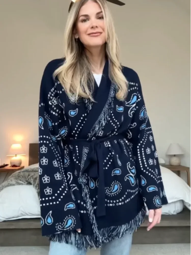 

Tassel Patchwork Printed Cardigan Women Geometric Patterns Belts V-neck Long Sleeve Knitted Street Lady Sweater 2025 Autumn Coat