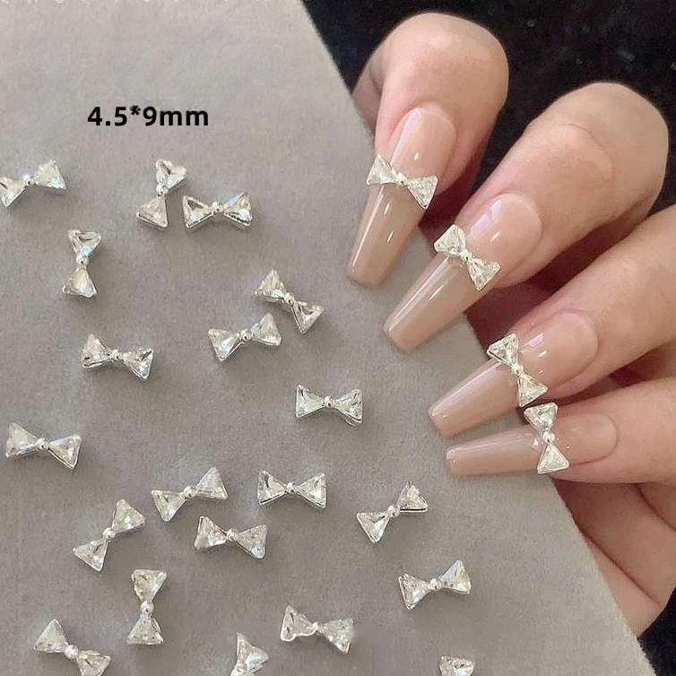10Pcs Alloy Bow Nail Charms Super Sparkly Stacked Rhinestone Bowknot Nail Gems for Press‑on Nails DIY Nail Art