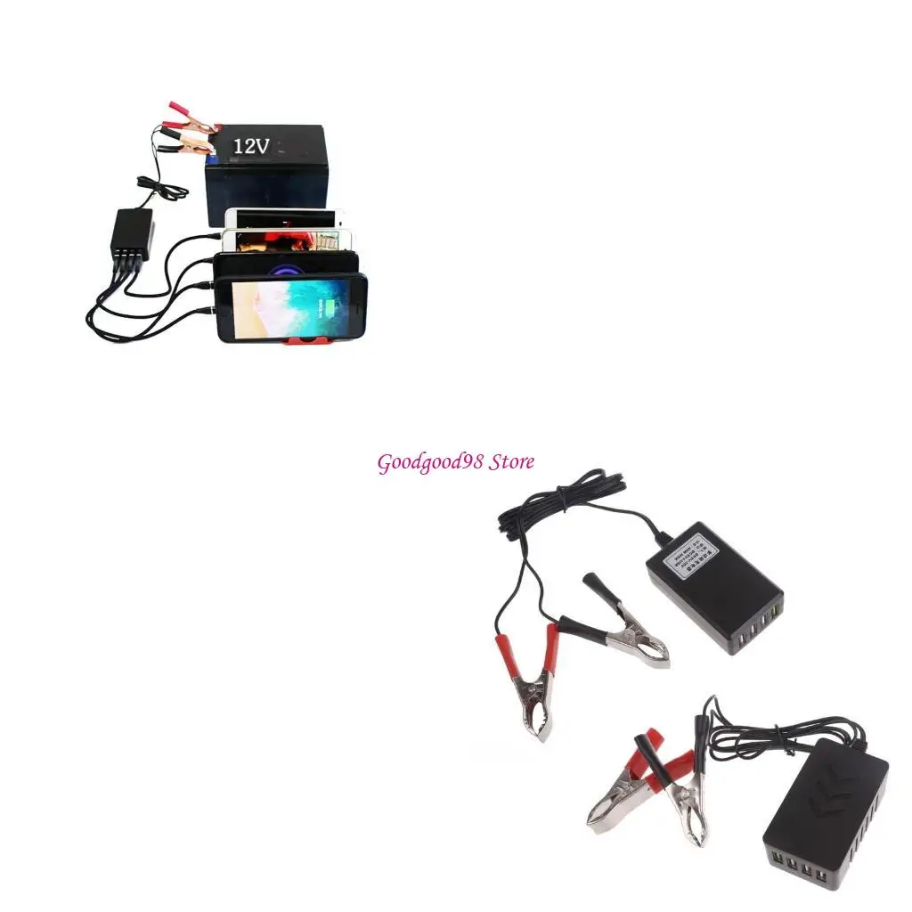 Portable Converter with Battery Clip 12V/24V to 5V 4-Port USB Multiport W8EC