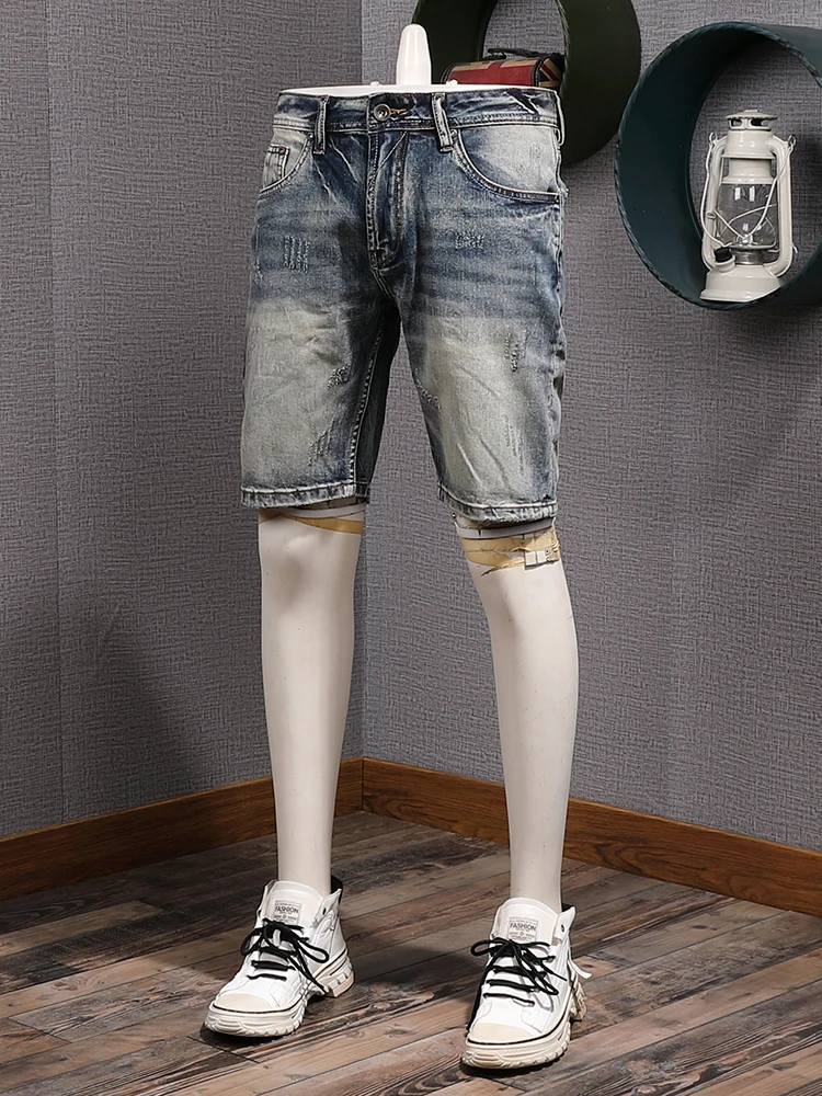 High Quality Summer Old Scratch Washed Vintage Casual Stretch Denim Shorts for Men Slim Fit Straight Half Jeans Y2k Youth Male