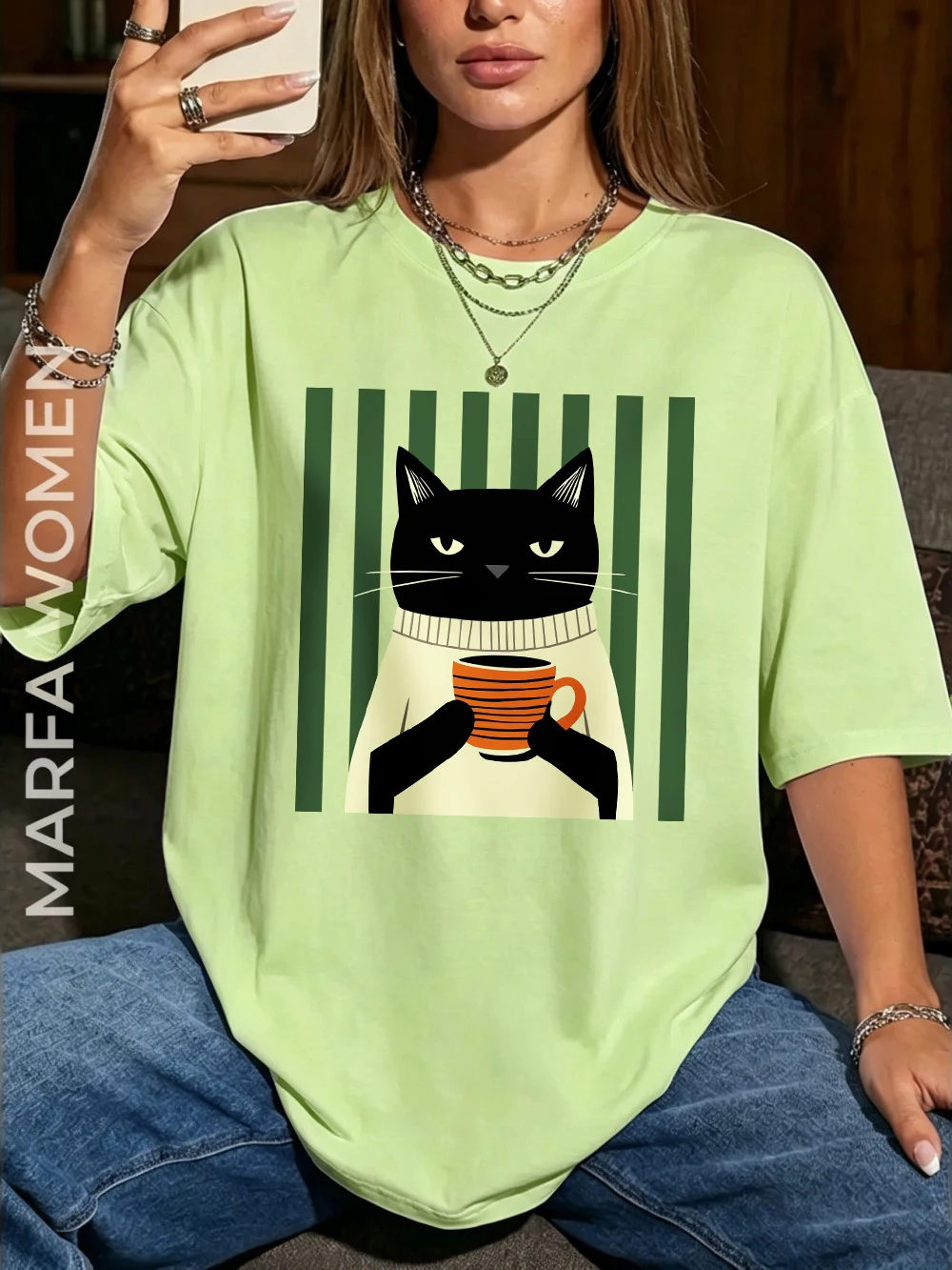 Schwarze Katze Kaffeetassen-Druck Baumwoll-T-Shirts Damen Sommer Oversized Tops Lässige Weiche Kurzarm-T-Shirts Basic O-Ausschnitt Kleidung – Detail 17