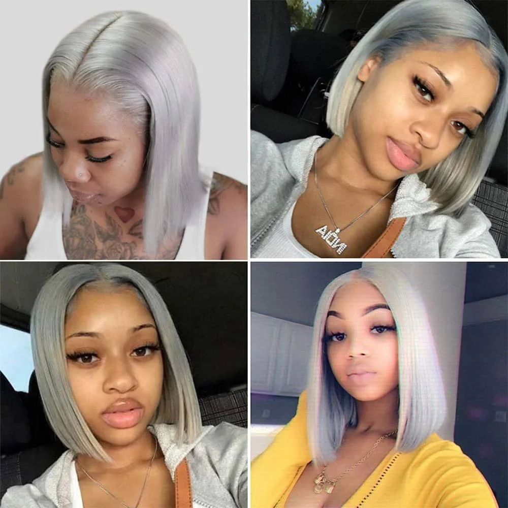 Gray Bob Wig Straight Silver Gray13*4 Lace Front Wigs Preplucked 4*4 Lace Closure Human Hair Wigs Transparent 13x4 Lace Bob Wigs