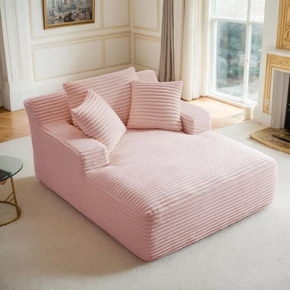 

Pink Oversized Corduroy Chaise Lounge with Pillows for Living Room or Bedroom