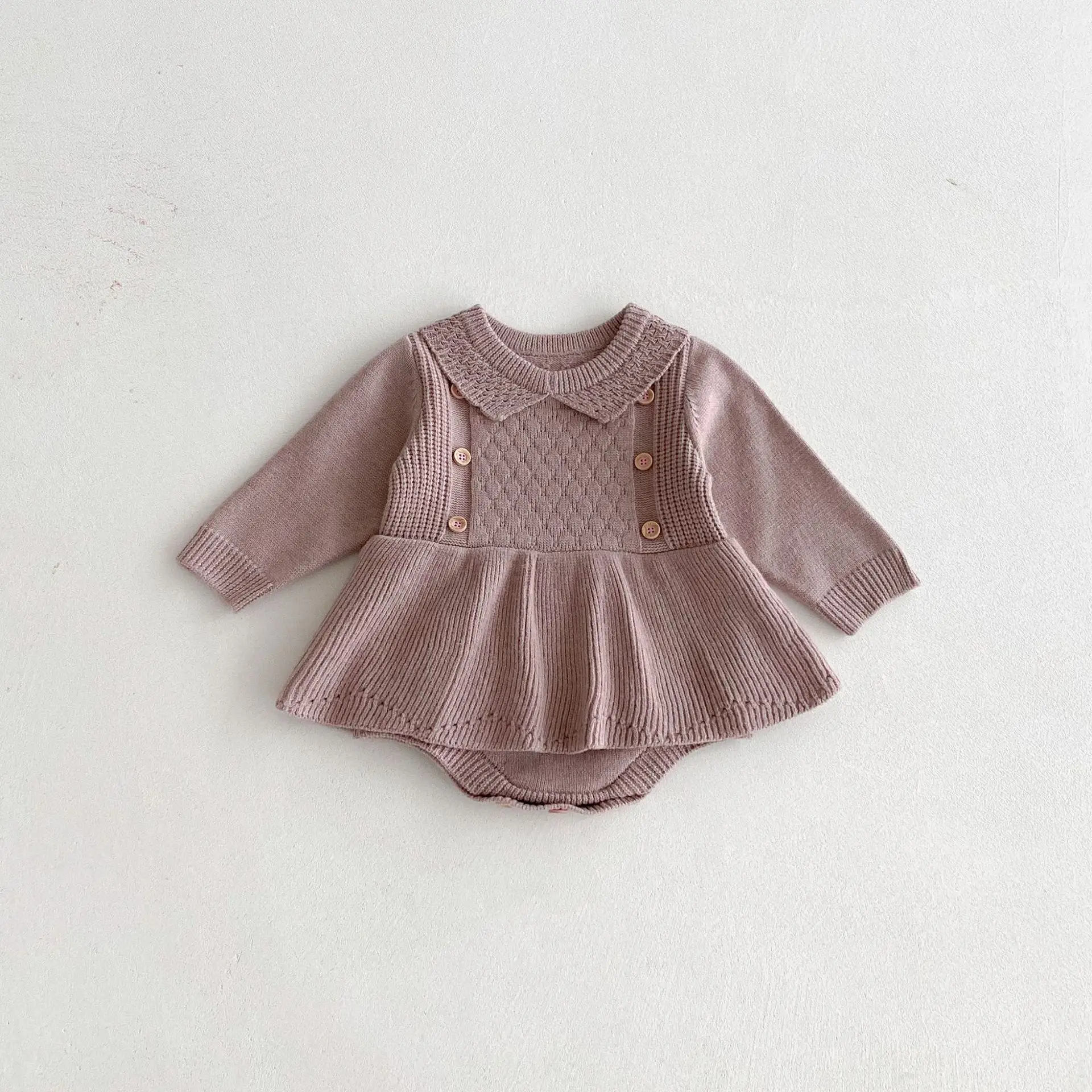 Baby Girl Knitted Romper Dress Stylish Decorative Buttons Crew Neck Long Sleeve A Line Dress for Fall Winter