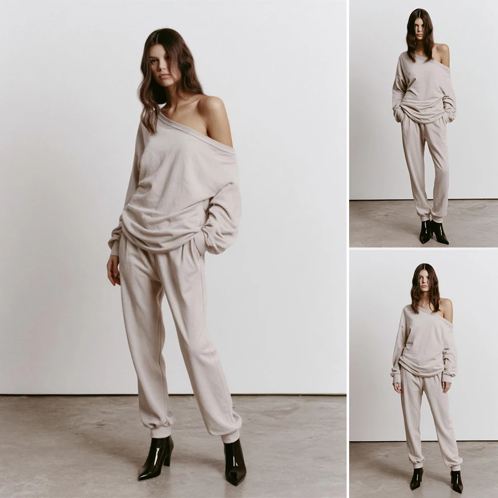 

Бутик осенних комплектов Mia Muse, женские простые однотонные футболки на одно плечо с длинными рукавами, брюки до щиколотки с карманами, повседневные комплекты