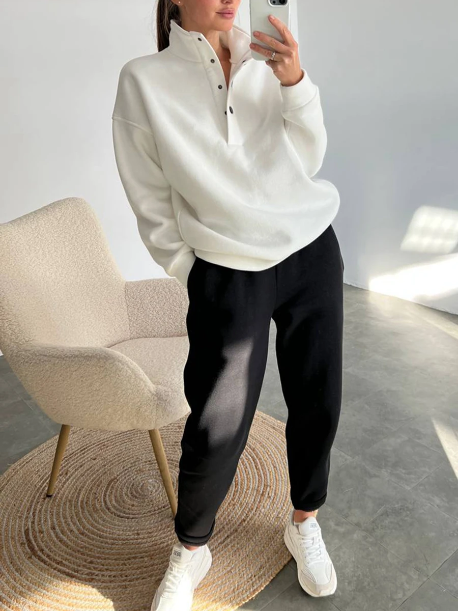 Women 2 Piece Tracksuits Solid Color Buttons Sweatshirt and Sweatpants for Activewear Fall Winter Workout Outfits Running Set