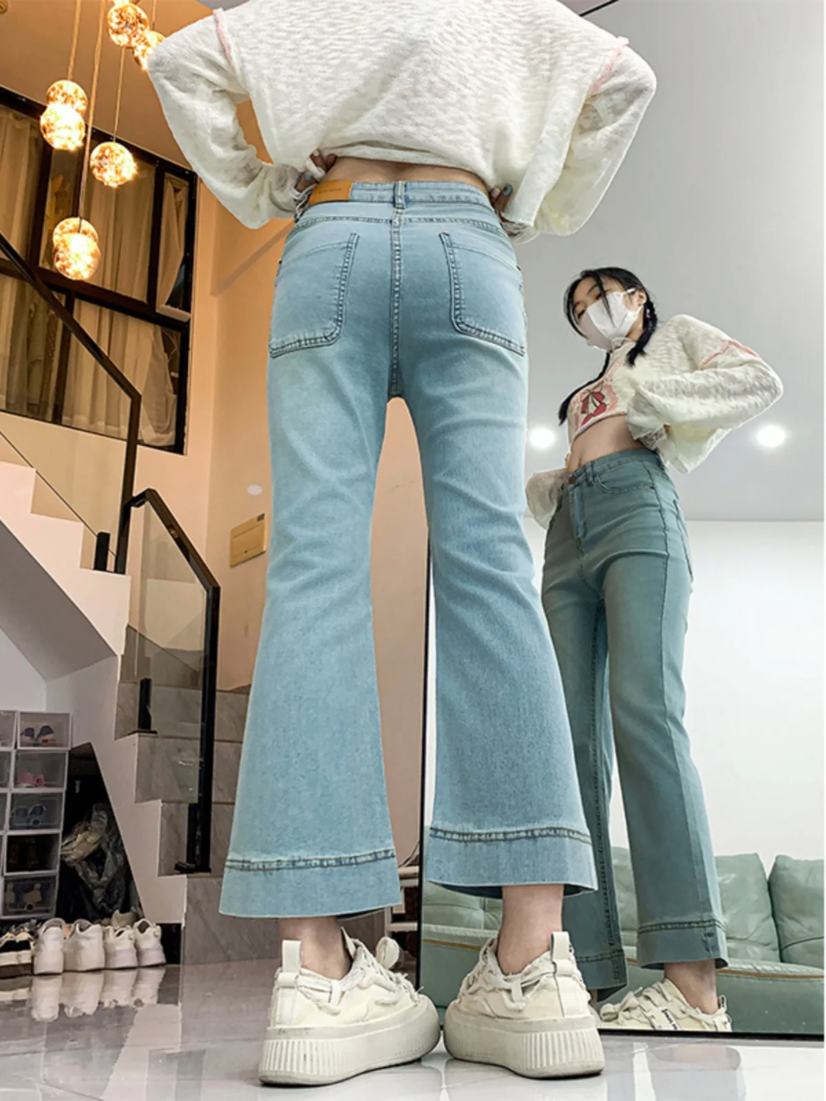 Jeans in denim a vita alta con campana Bot Pantaloni larghi a gamba dritta slim a nove punte elasticizzati da donna Autunno New Sle plus Size