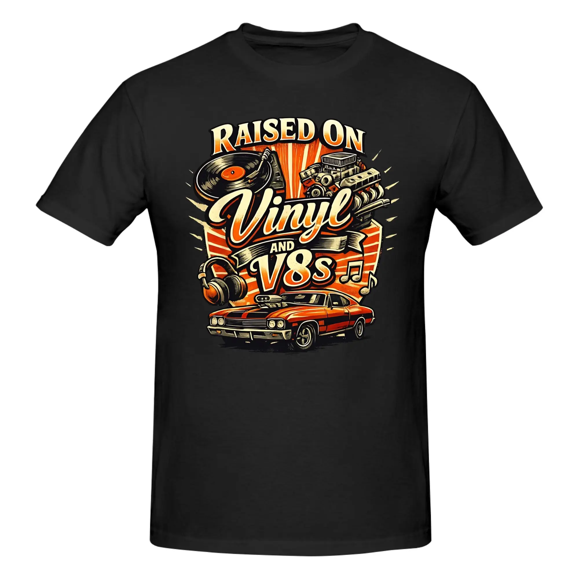 1 Piece Raised On Vinyl And V8s Retro Classic Car Funny Graphic 100% Cotton T-Shirt Car & Music Fan Tees Tops For Men