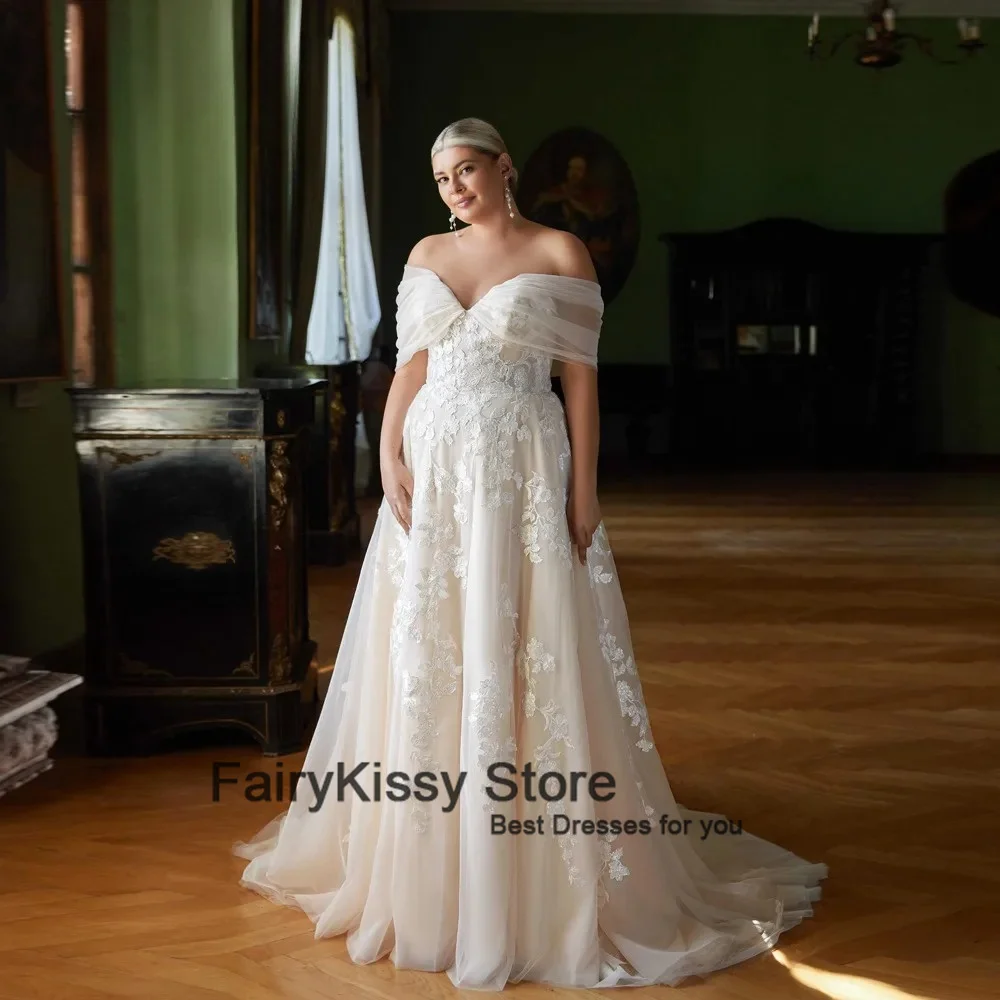 FairyKissy Abiti da sposa taglie forti con spalle scoperte Collo a cuore Appliques Lunghezza pavimento A-Line Tulle Abito da sposa Vestido De Noiva