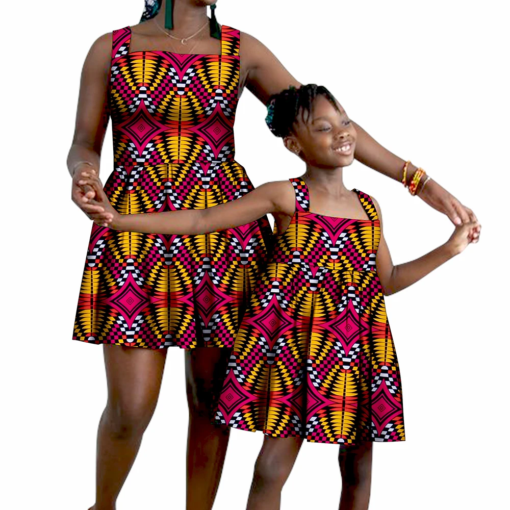 Ropa africana a juego para madre e hija, vestidos de algodón con estampado africano, vestido de fiesta para mujer y niña Wyq944