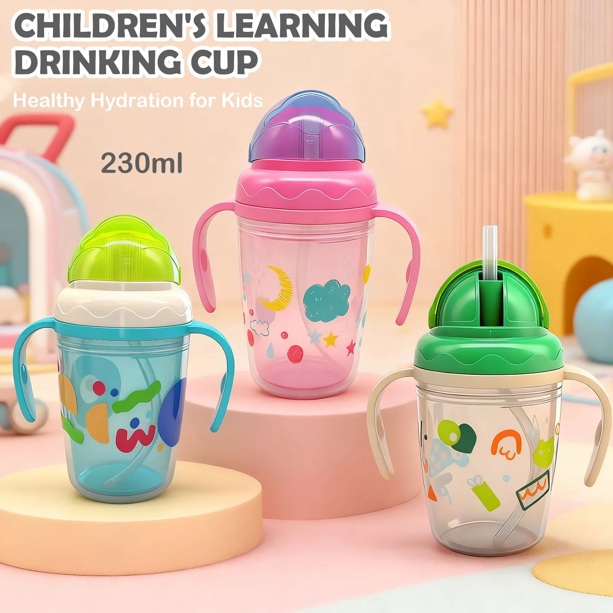 

Изолированная детская соломенная чашка емкостью 230 мл, термодизайн с двойными стенками, герметичная и легко чистящаяся, с широким горлышком, милая детская чашка-непроливайка для малышей