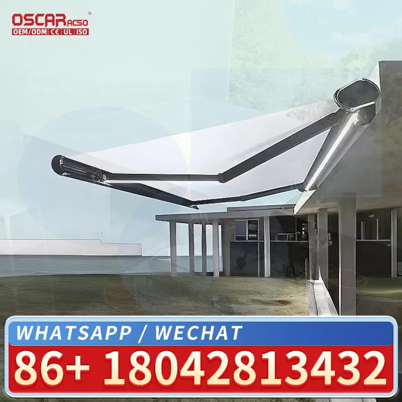 

Motorized Retractable Ceiling Hanging Cassette Awning with LED Lights Luxury Outdoor Patios Terraces Customizable Side Awning fo